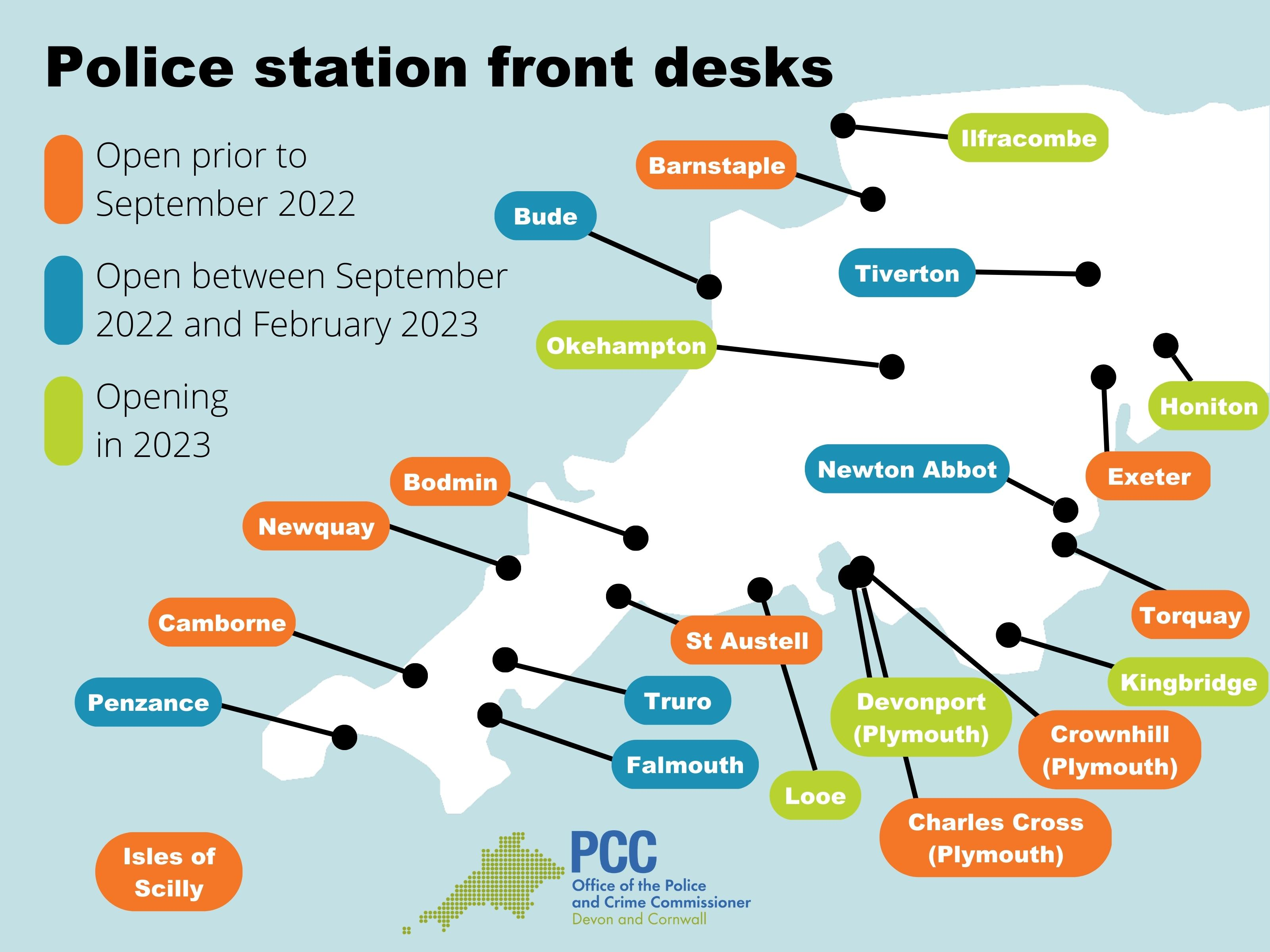 A map of the Police Enquiry Office locations to be reopened 