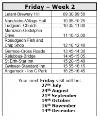 Week 2 timetable (July 2018 to December 2018) includes Tresowes, Breage, Porthleven, Nancegollan, Crowan, Black Rock, Bolenowe, Carnkie(Redruth), Portreath, Lizard, Ruan Minor, Ponsongath, Coverack, Rosenithen, Porthallow, Tregarne, Gillan, Manaccan, 